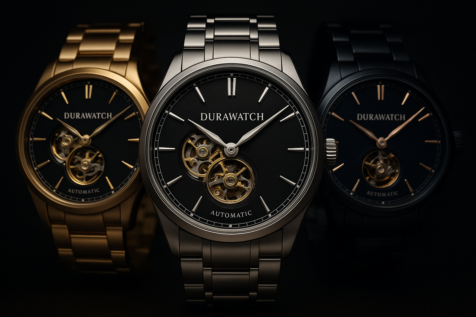 Drie verschillend gekleurde elegante rustgevende automatische mechanische horloges met merknaam DURAWATCH. De middelste op de voorgrond en de andere twee op de achtergrond. Gebruik voor de merknaam op de horloges het logo uit deze bibliotheek of van de website zelf. De afbeelding mag een donkere tint hebben. Beetje uitgezoomd. En alles graag perfect gecentreerd.